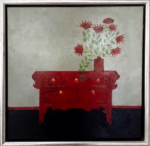 Antiek Chinees kastje met bloemenvaas.jpg - Antiek chinees kastje met bloemenvaas, olieverf op doek, 40x40cm